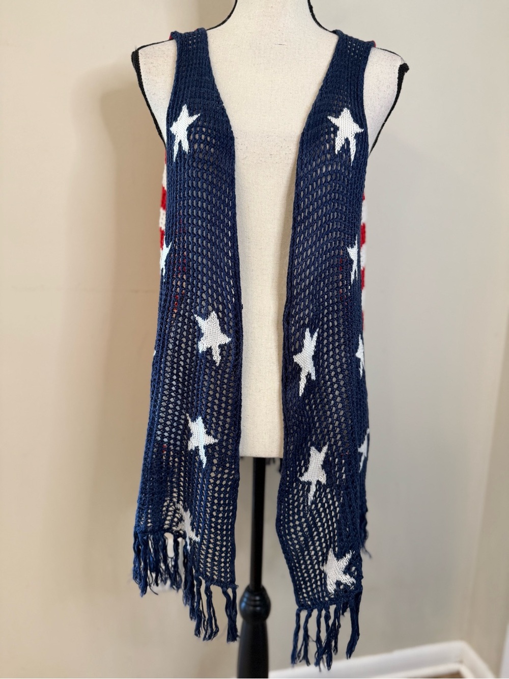Cloud Chaser crocheted USA long line cardigan red white blue LG